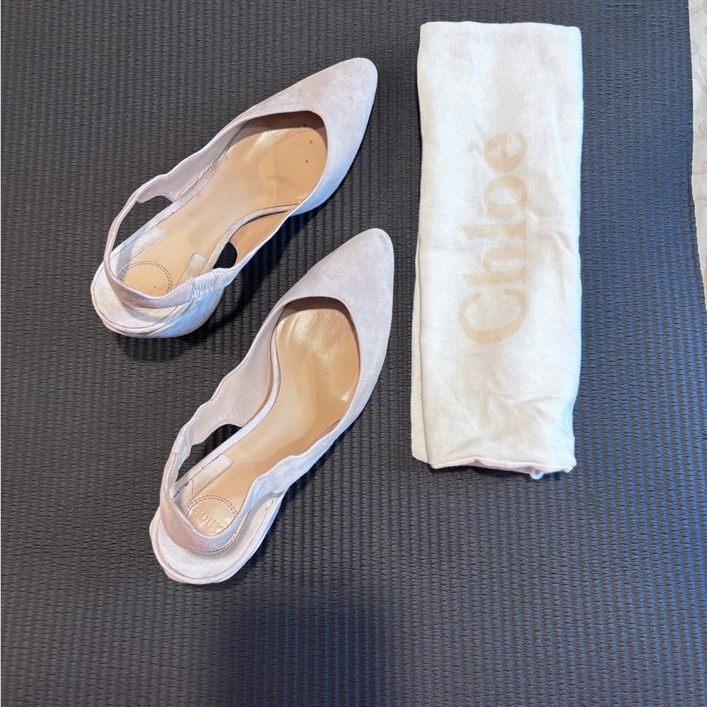 Chloe Light Gray Suede Slingback Heels w/chunky angled heel w/wavy trim detail
